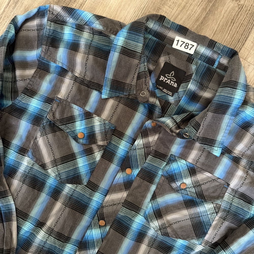 prAna Men's Western Blue Gray Plaid Long Sleeve Organic Cotton Wood Snap Shirt